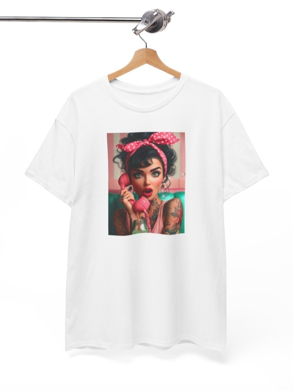 Gildan White Tee with Pink Retro Pin-Up Graphic